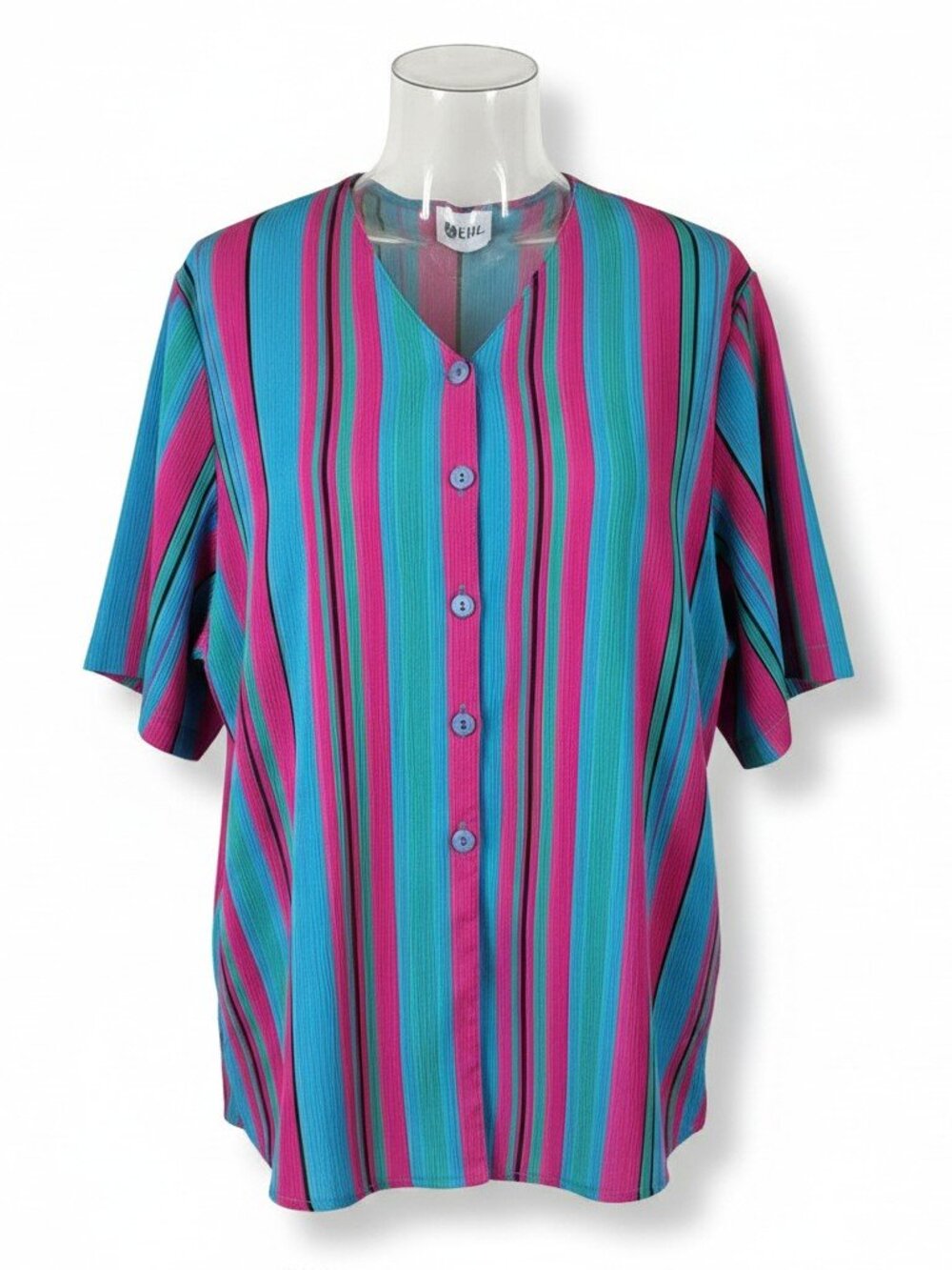 1980's nice vivid pink & Turquoise stripe top SHIPS FREE